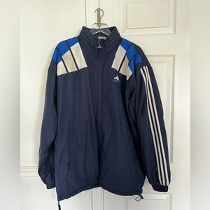 vintage Adidas blue track jacket tuck away hood windbreaker fleece lined men 3XL